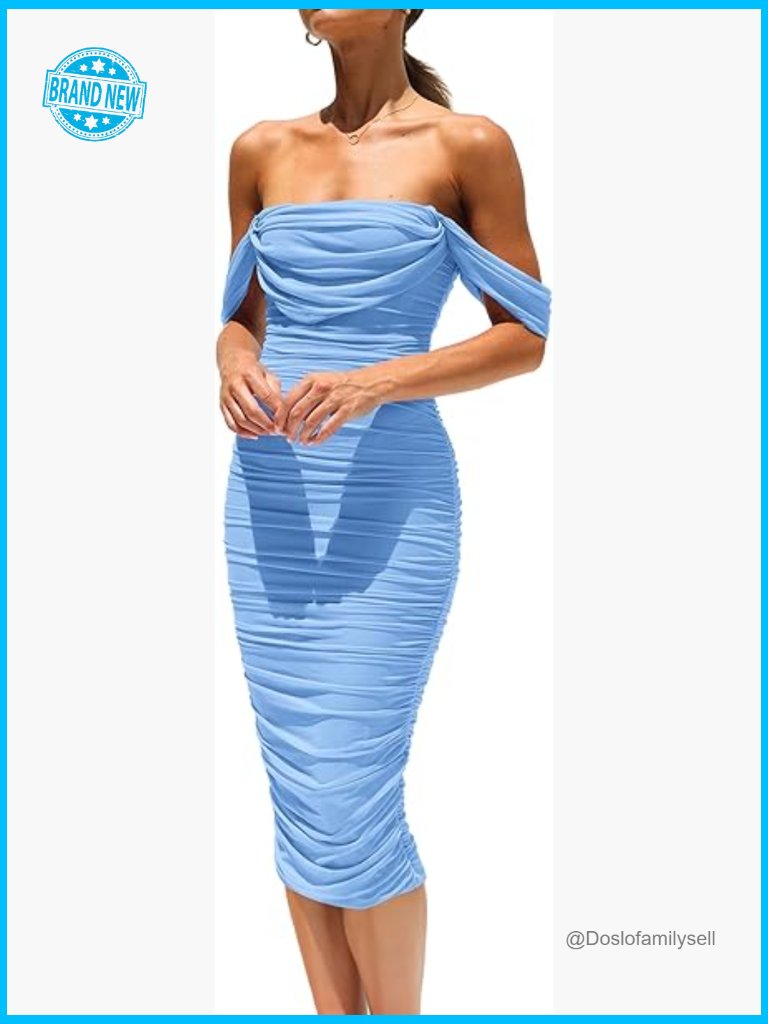 Off Shoulder Ruched Bodycon Midi Dress Elegant Wedding Guest Cocktail Party